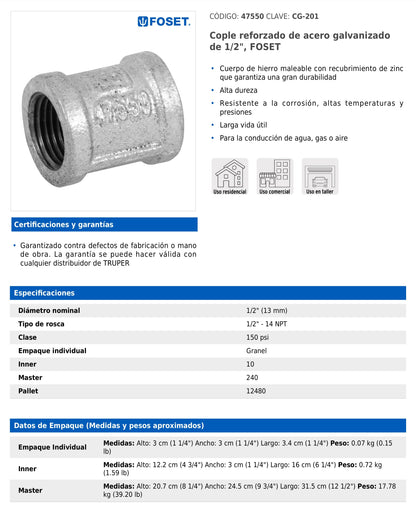 Cople reforzado de acero galvanizado de 1/2"