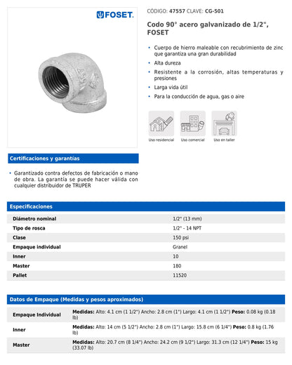 Codo 90° de 1/2" en acero galvanizado