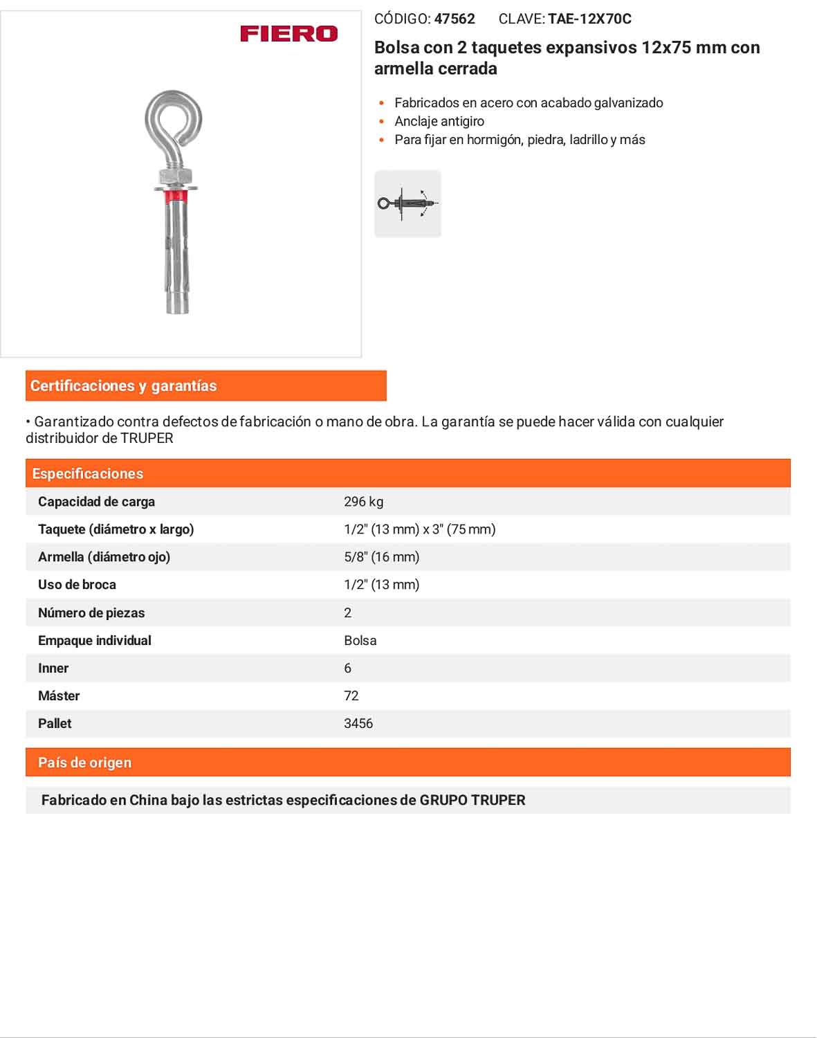 2 Taquetes Expansivos 12x75 mm Armella Cerrada
