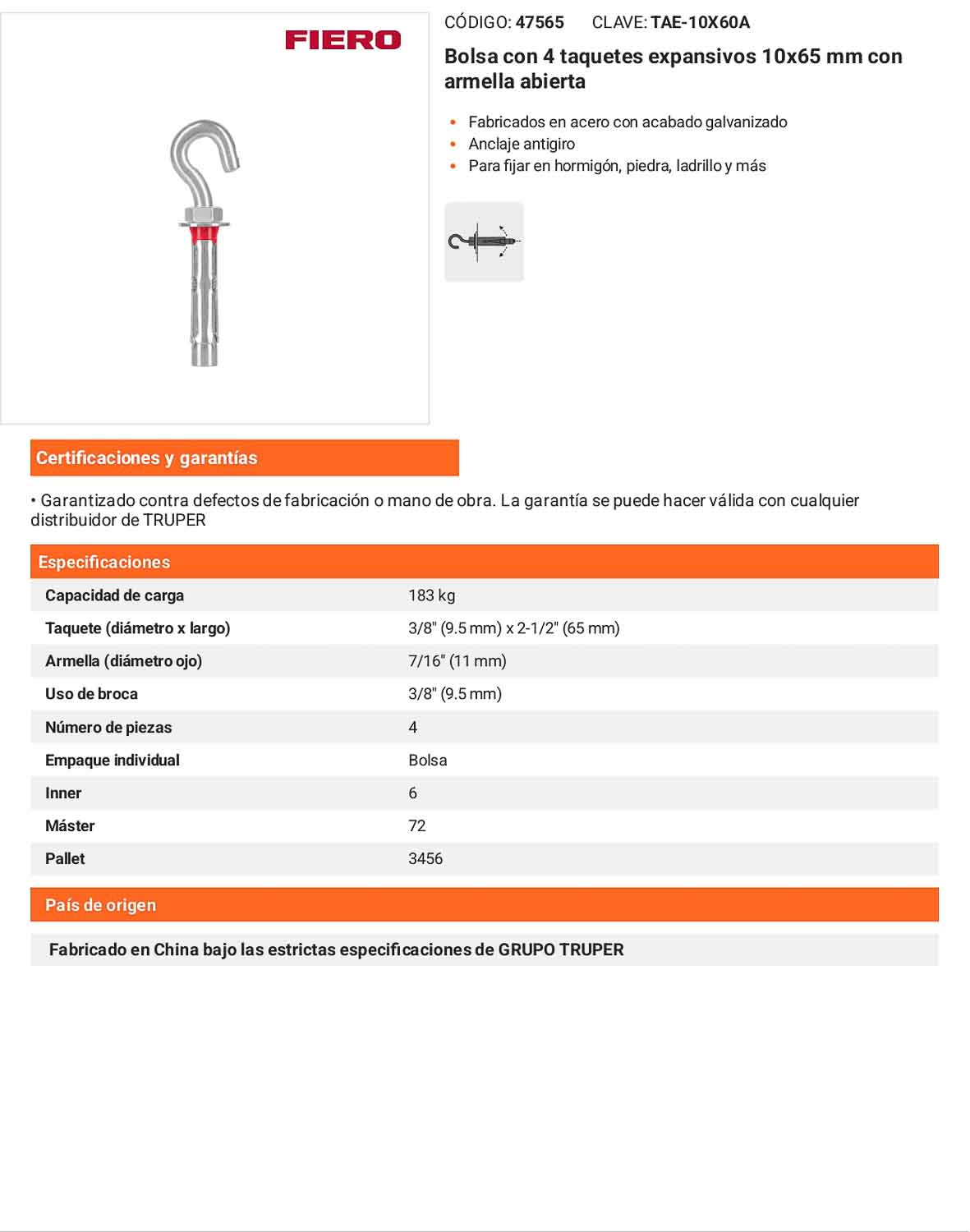 4 Taquetes Expansivos 10x65 mm Armella Abierta