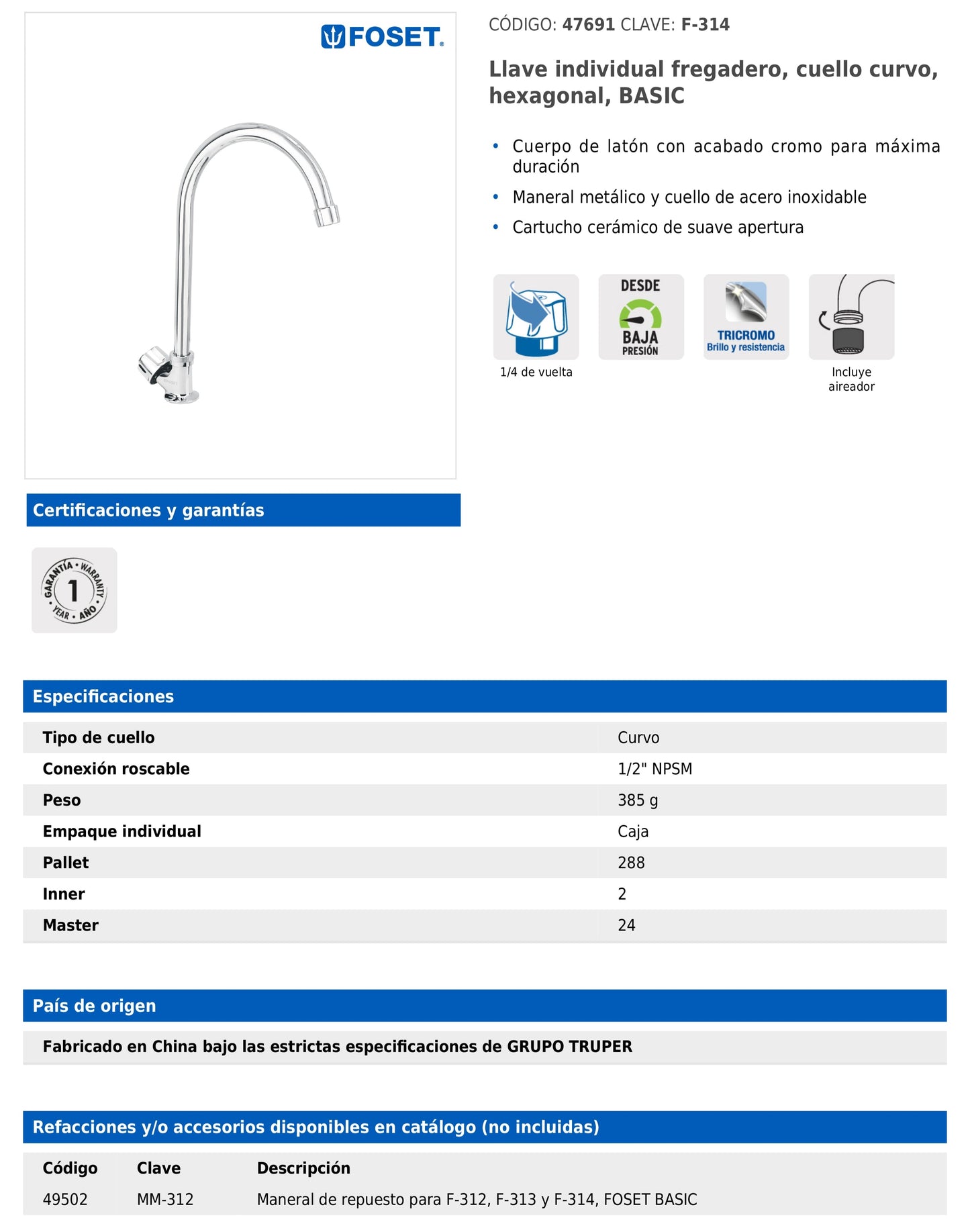 Llave individual para fregadero con cuello curvo y maneral hexagonal