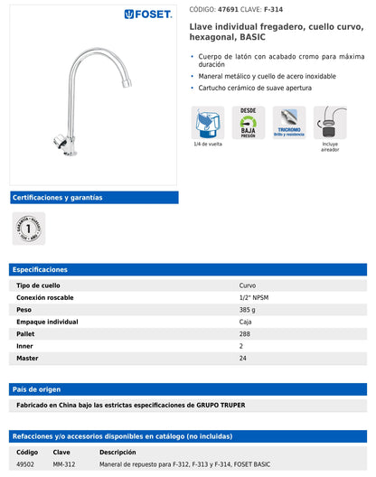 Llave individual para fregadero con cuello curvo y maneral hexagonal