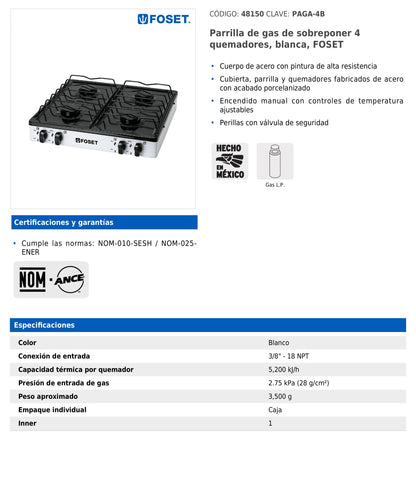 Parrilla de gas de sobreponer de 4 quemadores blanca