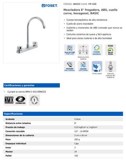 Mezcladora de 8" para fregadero con cuello curvo y manerales hexagonales