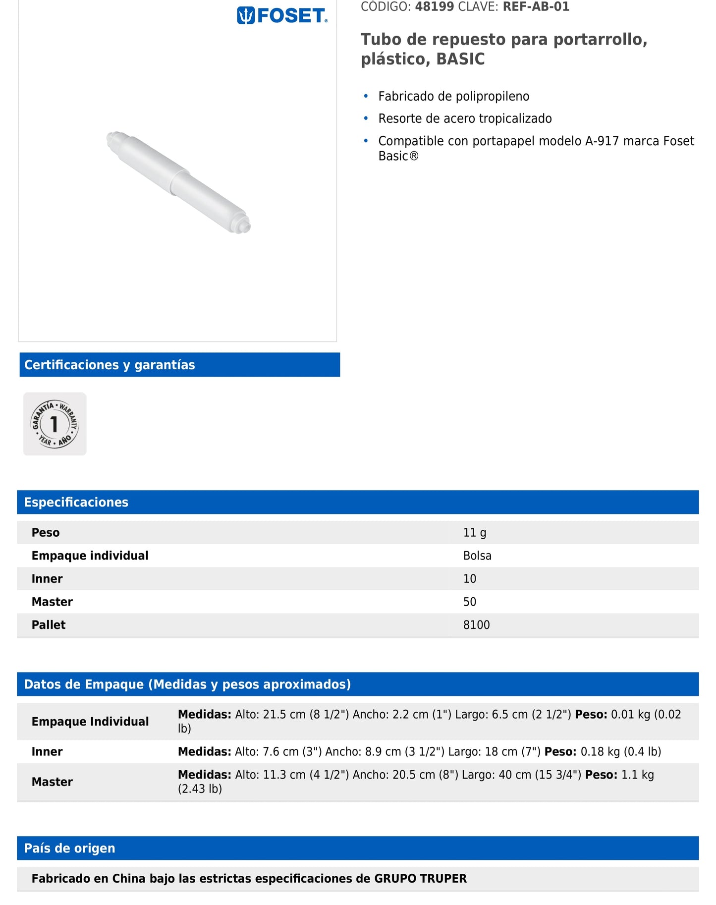 Tubo de repuesto para portarrollo plástico BASIC