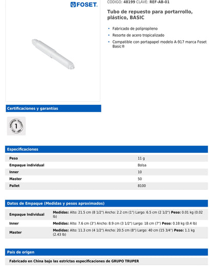 Tubo de repuesto para portarrollo plástico BASIC