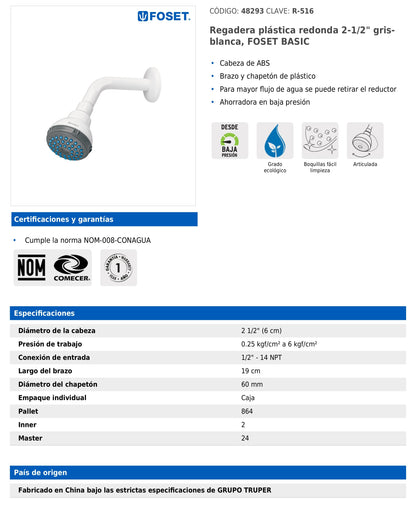 Regadera redonda de 2-1/2" con brazo y chapetón plásticos gris-blanca