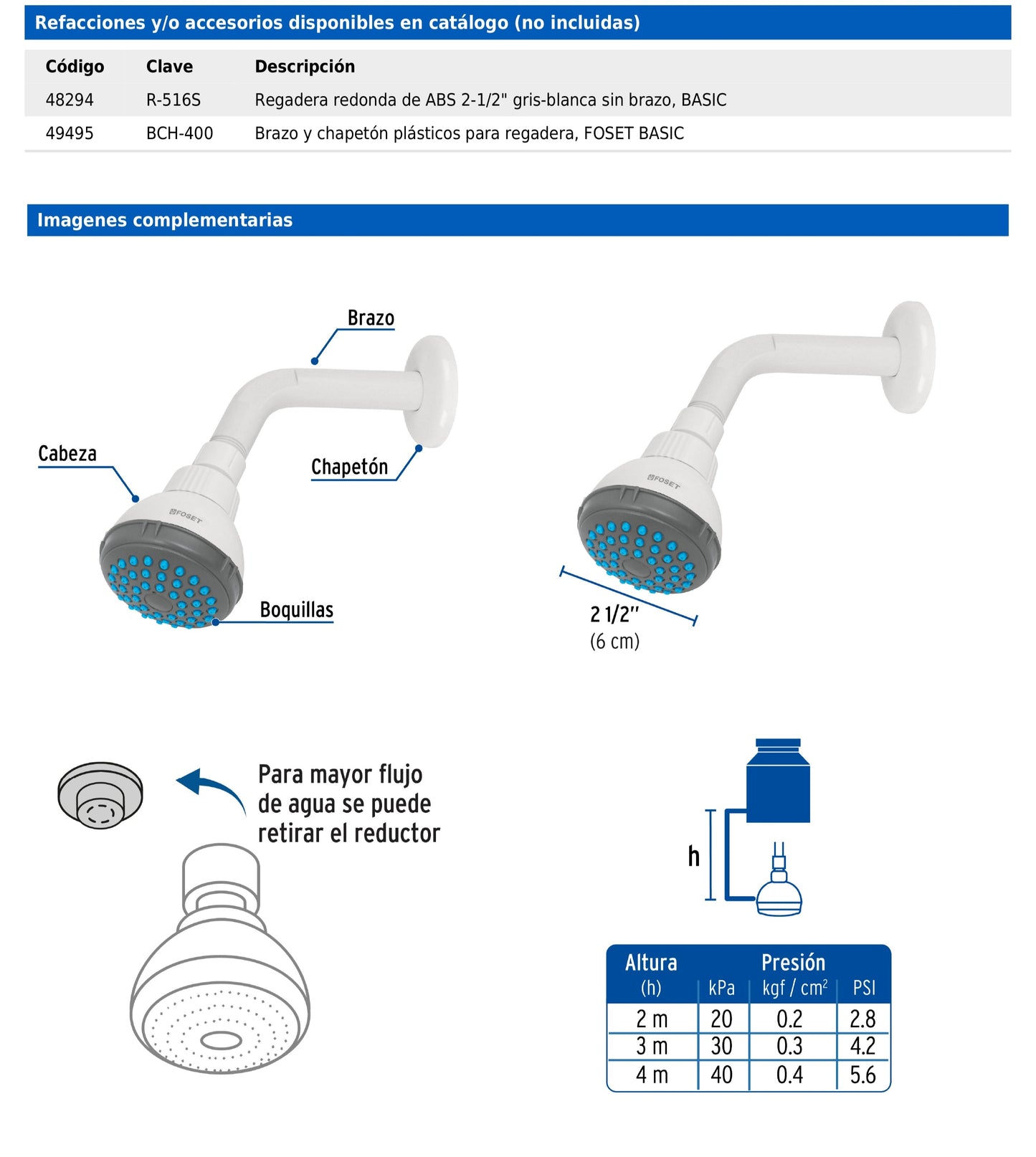 Regadera redonda de 2-1/2" con brazo y chapetón plásticos gris-blanca