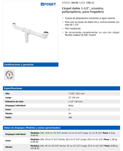 Céspol doble de 1 1/2" sin contra para tarjas de doble tina