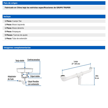 Céspol doble de 1 1/2" sin contra para tarjas de doble tina