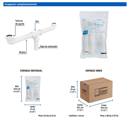 Céspol doble de 1 1/2" sin contra para tarjas de doble tina