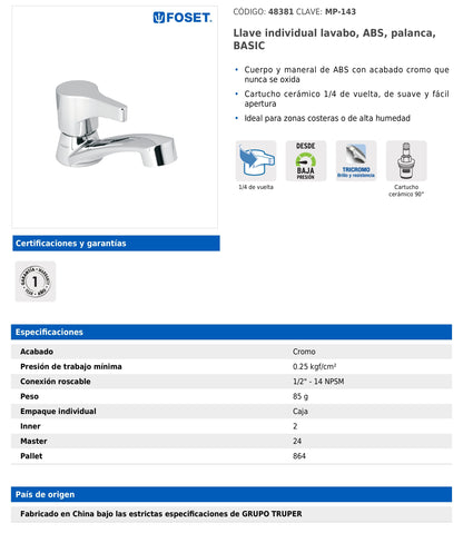 Llave individual para lavabo de ABS con maneral tipo palanca y cartucho cerámico