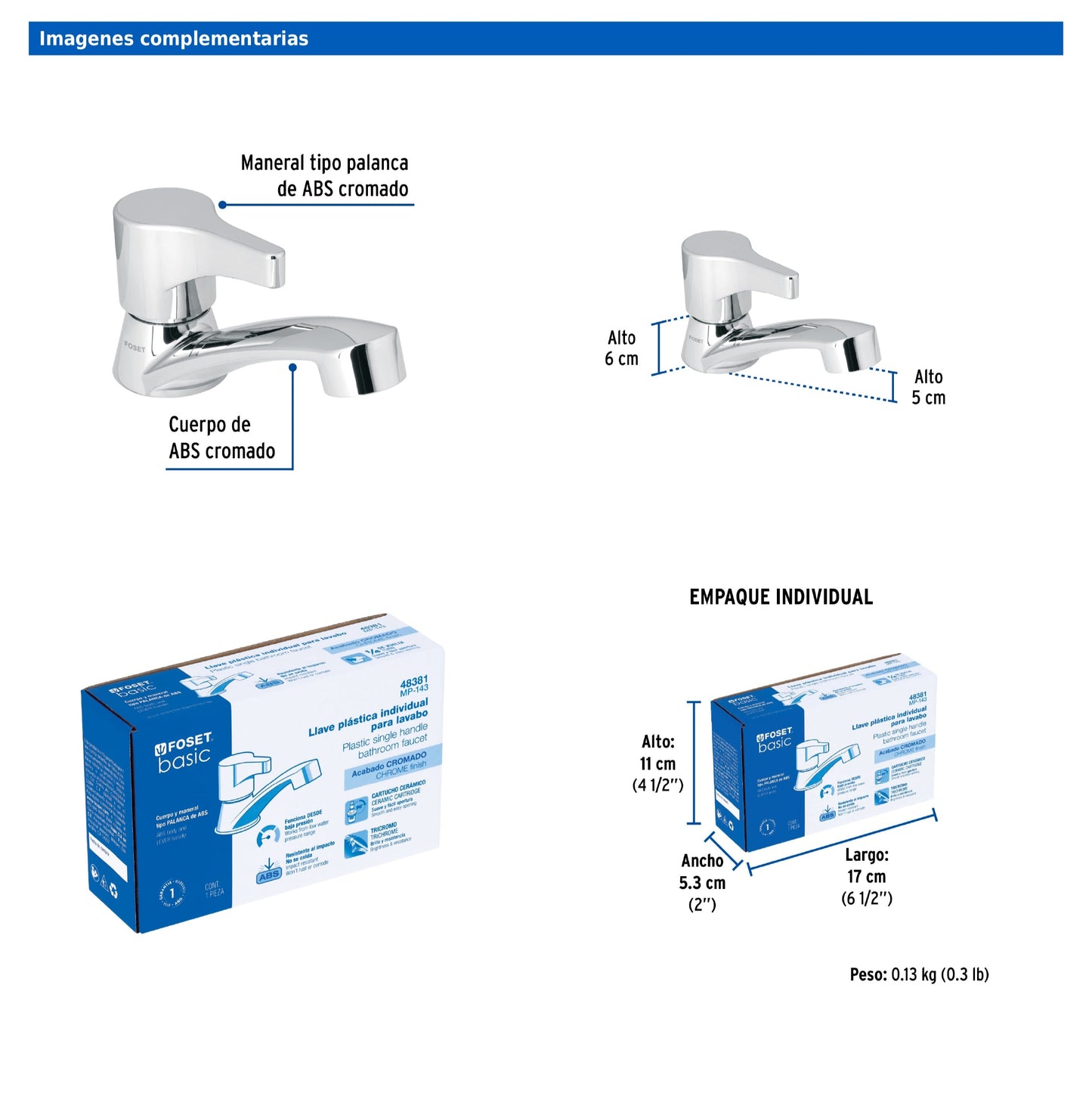 Llave individual para lavabo de ABS con maneral tipo palanca y cartucho cerámico