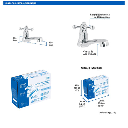 Llave individual para lavabo de ABS con maneral tipo cruceta y cartucho cerámico