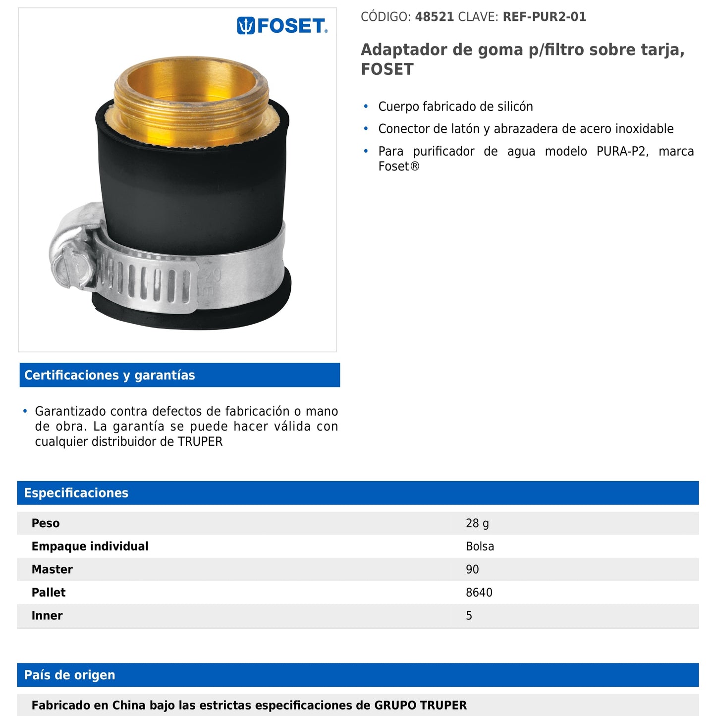 Adaptador de goma para filtro sobre tarja con conector de latón