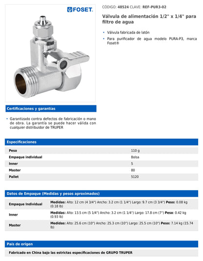 Válvula de alimentación de 1/2" x 1/4" para filtro de agua con cuerpo de latón