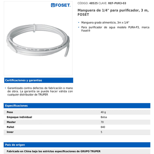 Manguera de 1/4" para purificador de 3 m grado alimenticio