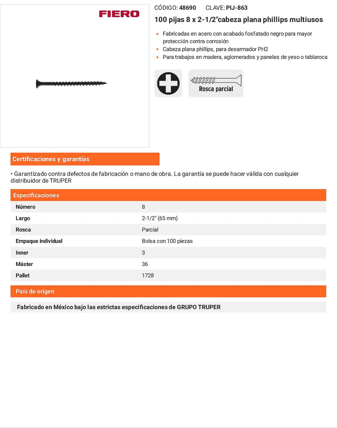 Tornillo gypsum multiusos fosfatada 8 x 2-1/2 pulg
