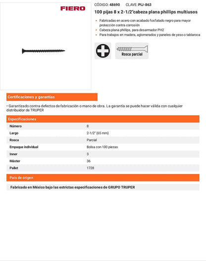 Tornillo gypsum multiusos fosfatada 8 x 2-1/2 pulg
