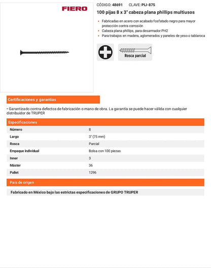 Tornillo gypsum multiusos fosfatada 8 x 3 pulg