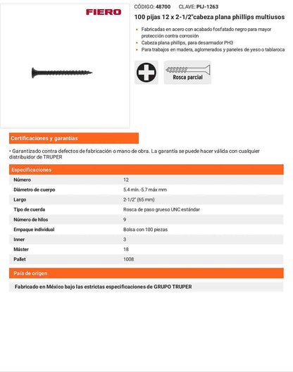 100 Tornillos Multiusos 12 x 2-1/2 pulg