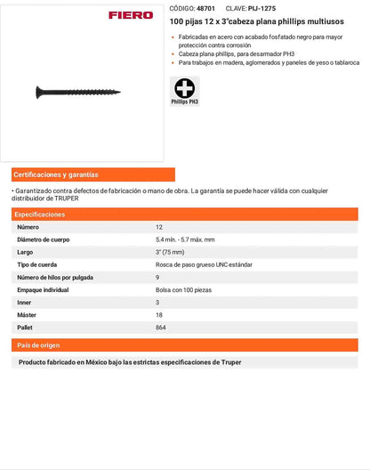 100 Tornillos Multiusos 12 x 3 pulg