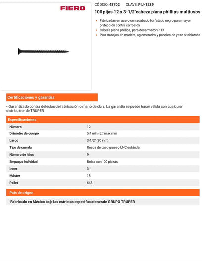100 Tornillos Multiusos 12 x 3-1/2 pulg