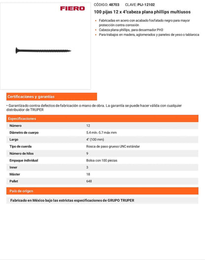 100 Tornillos Multiusos 12 x 4 pulg