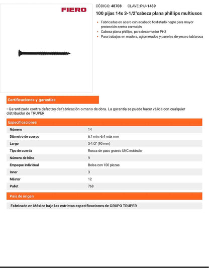 100 Tornillos Multiusos 14 x 3-1/2 pulg