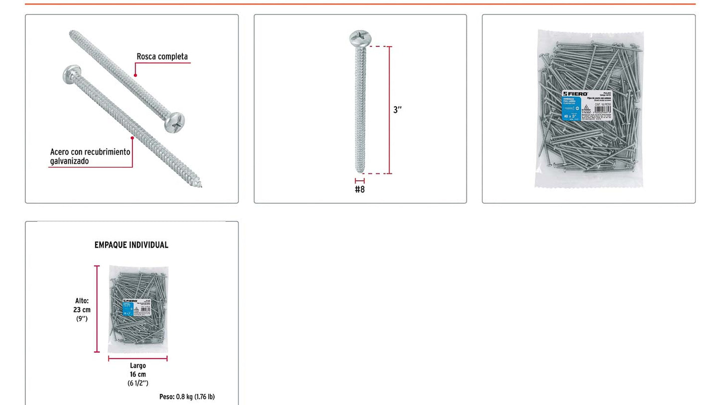 Tornillo gypsum para lamina 8 x 3 pulg