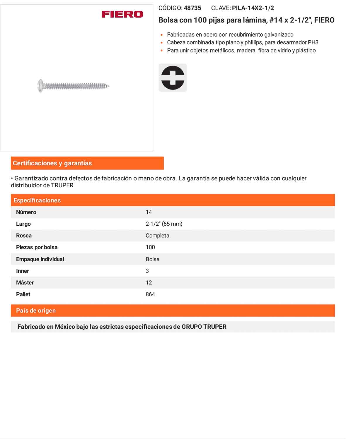 Tornillo gypsum para lamina 14 x 2-1/2 pulg