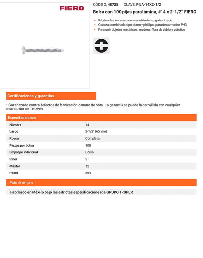 Tornillo gypsum para lamina 14 x 2-1/2 pulg