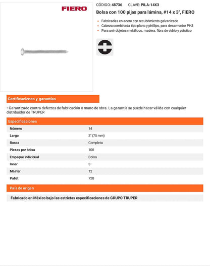 Tornillo gypsum para lamina 14 x 3 pulg