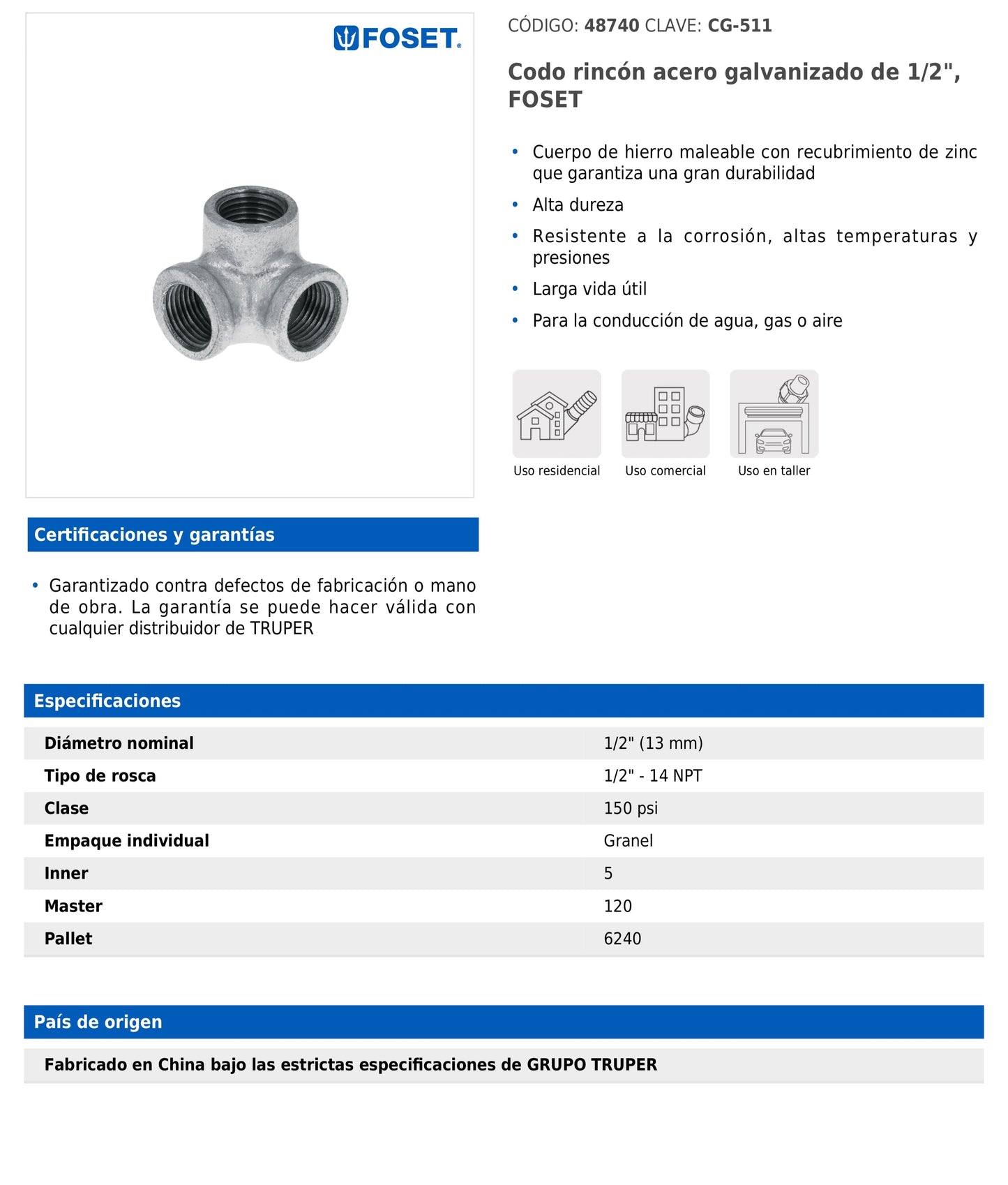 Codo rincón de 1/2" en acero galvanizado