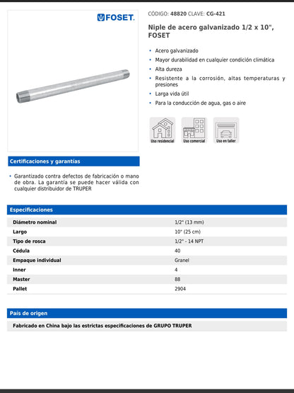 Niple de acero galvanizado de 1/2 pulgada por 10 pulgadas