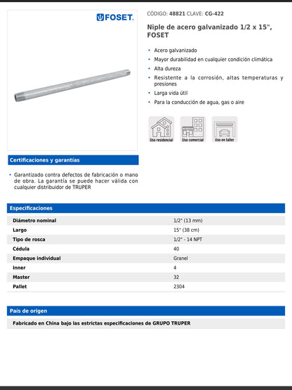 Niple de acero galvanizado de 1/2 pulgada por 15 pulgadas