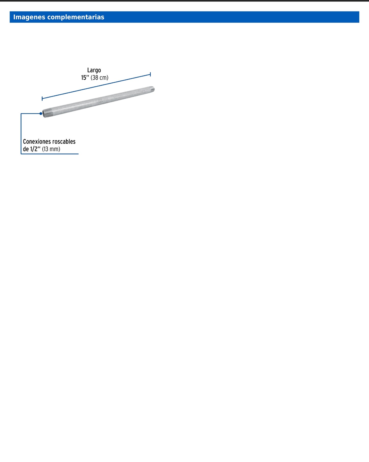 Niple de acero galvanizado de 1/2 pulgada por 15 pulgadas
