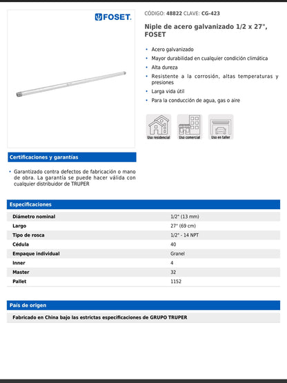 Niple de acero galvanizado de 1/2 pulgada por 27 pulgadas