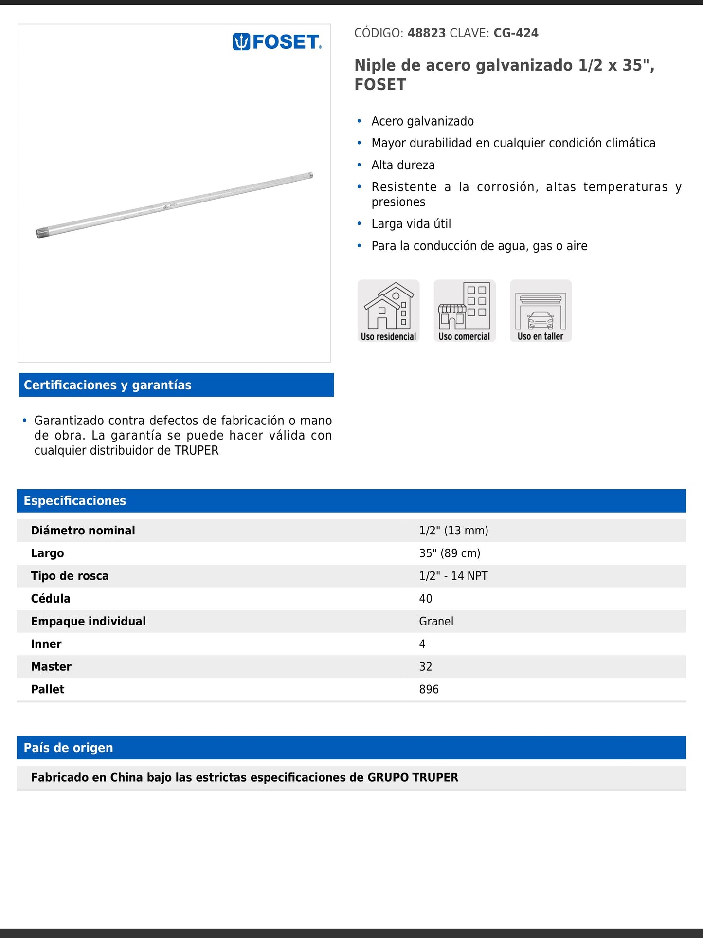 Niple de acero galvanizado de 1/2 pulgada por 35 pulgadas