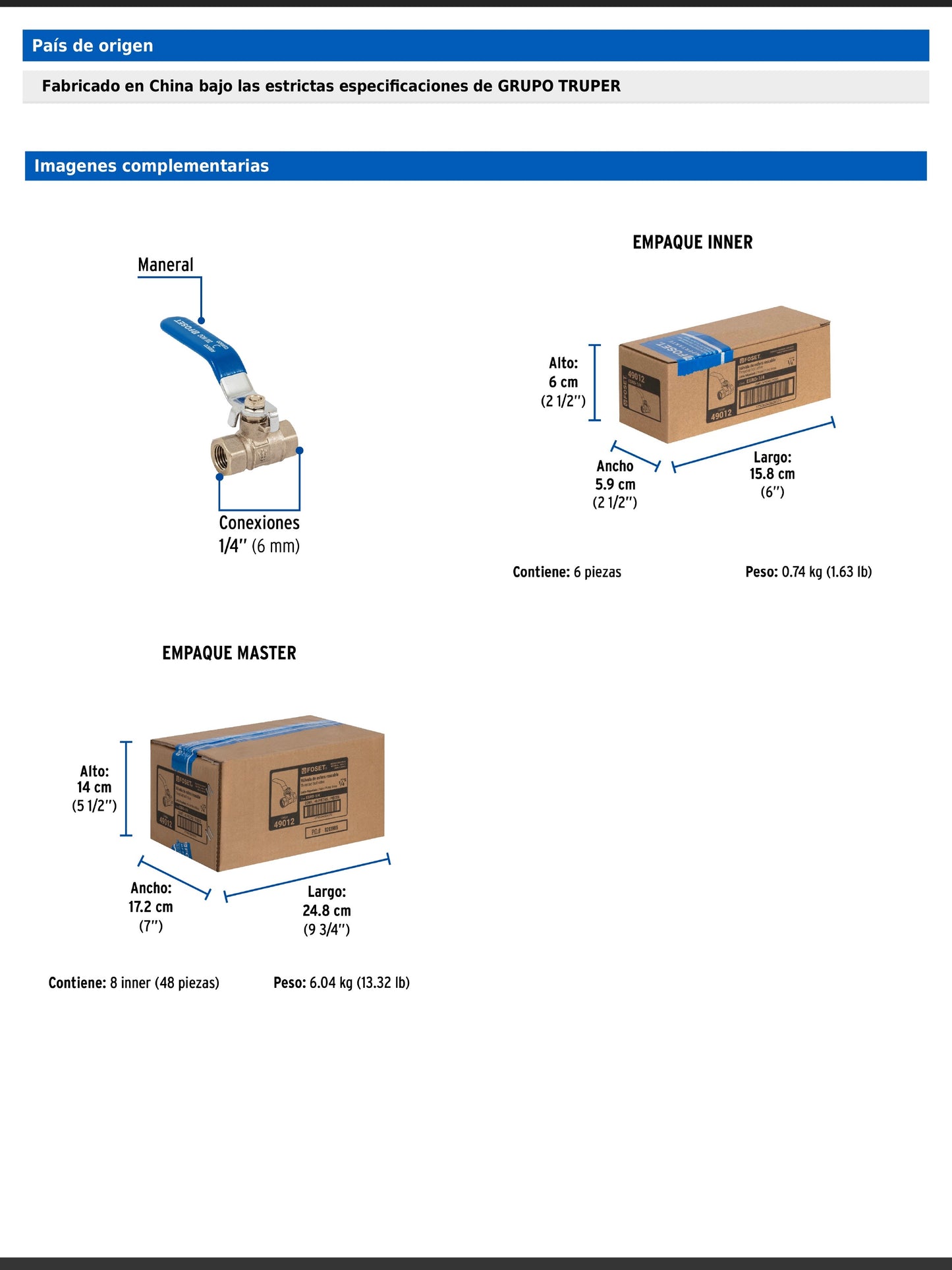 Válvula de esfera de latón roscable de 1/4 pulgada con maneral de acero