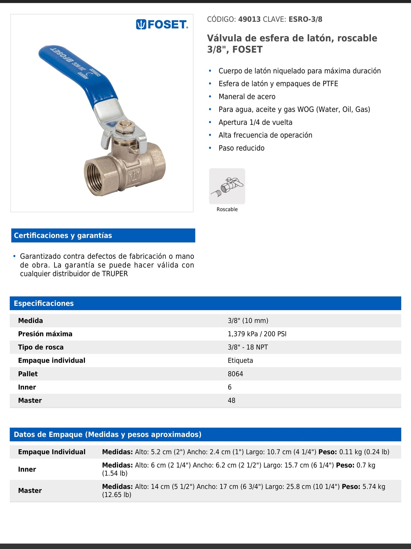 Válvula de esfera de latón roscable de 3/8 pulgada con maneral de acero