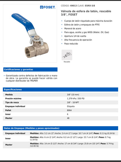 Válvula de esfera de latón roscable de 3/8 pulgada con maneral de acero