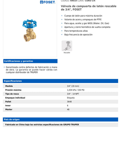 Aquí está la ficha técnica de la válvula de compuerta de latón roscable de 3/4"