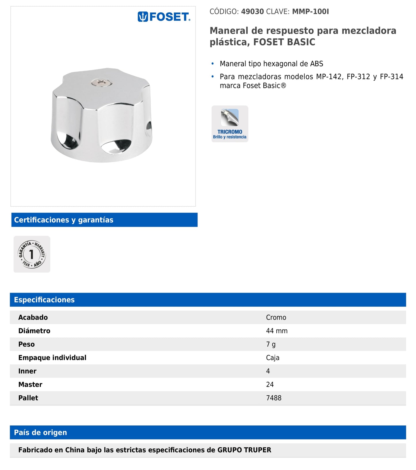 Maneral hexagonal de repuesto para mezcladora plástic