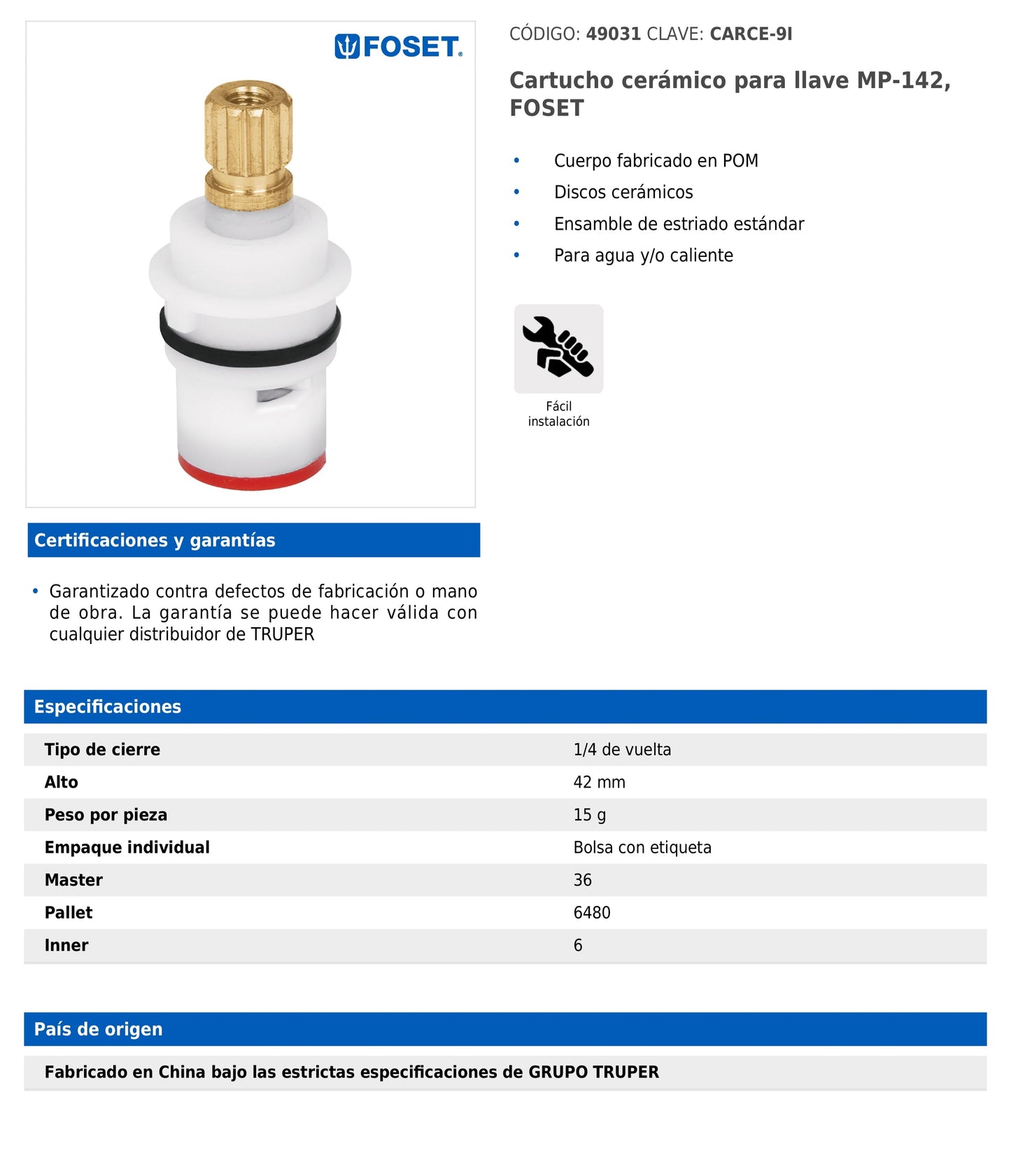 Cartucho cerámico para llave MP-142