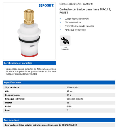 Cartucho cerámico para llave MP-142