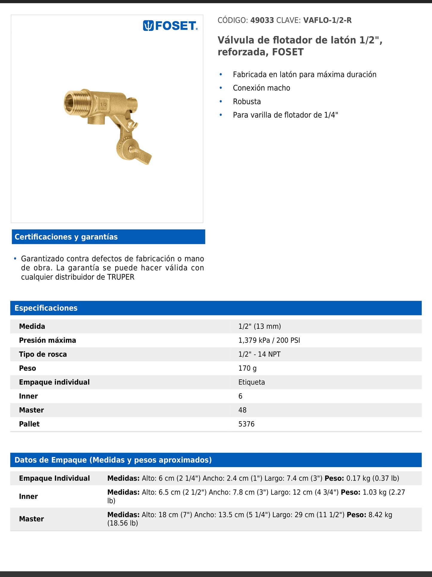 Válvula de flotador de latón 1/2" reforzada