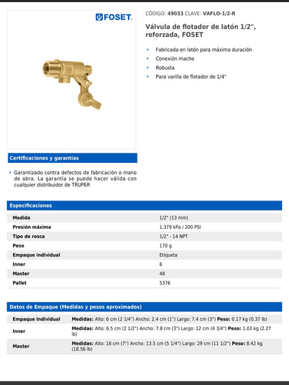 Válvula de flotador de latón 1/2" reforzada