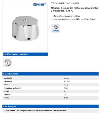 Maneral hexagonal metálico para lavabo y fregadero modelo M-142