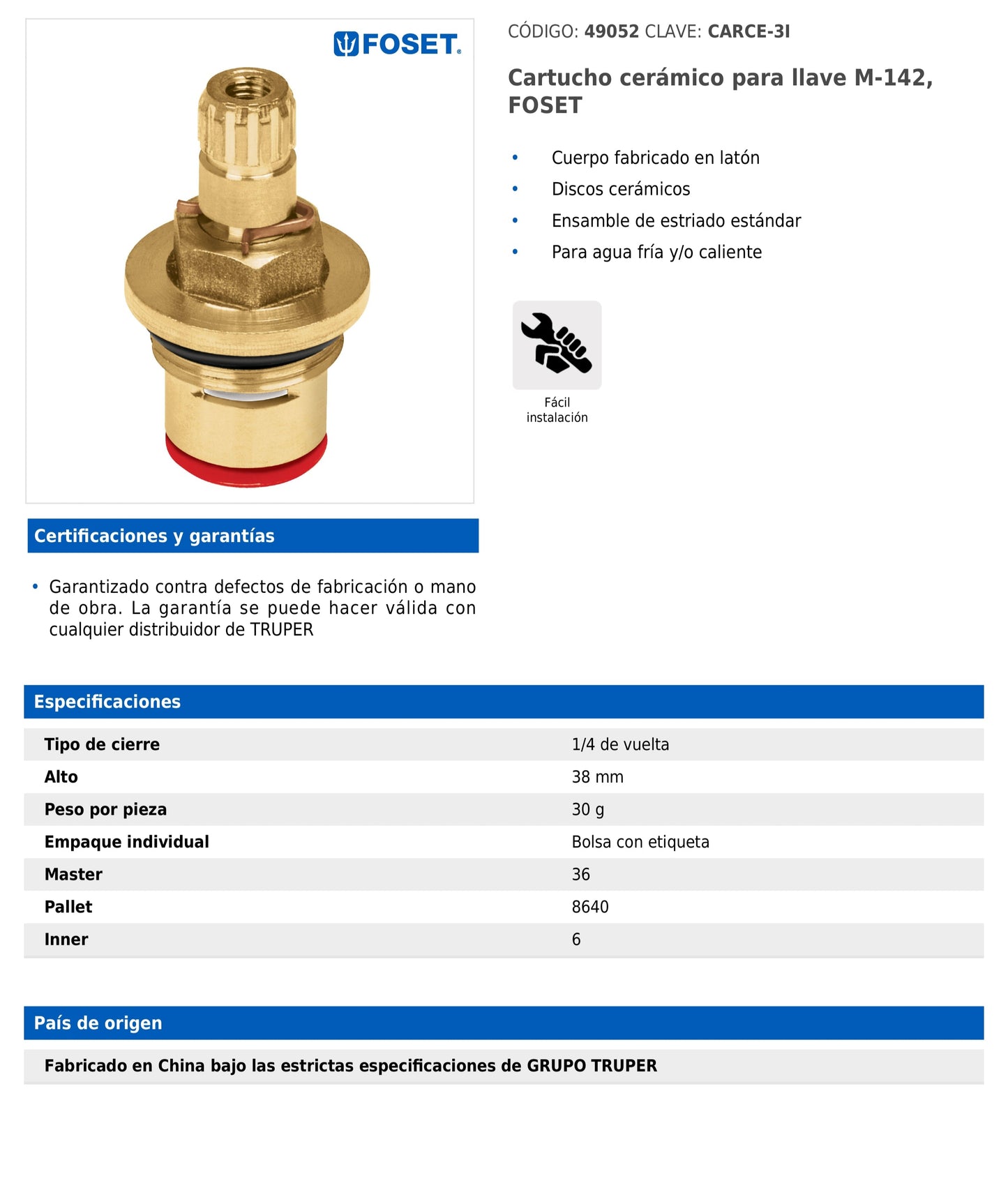 Cartucho cerámico para llave M-142